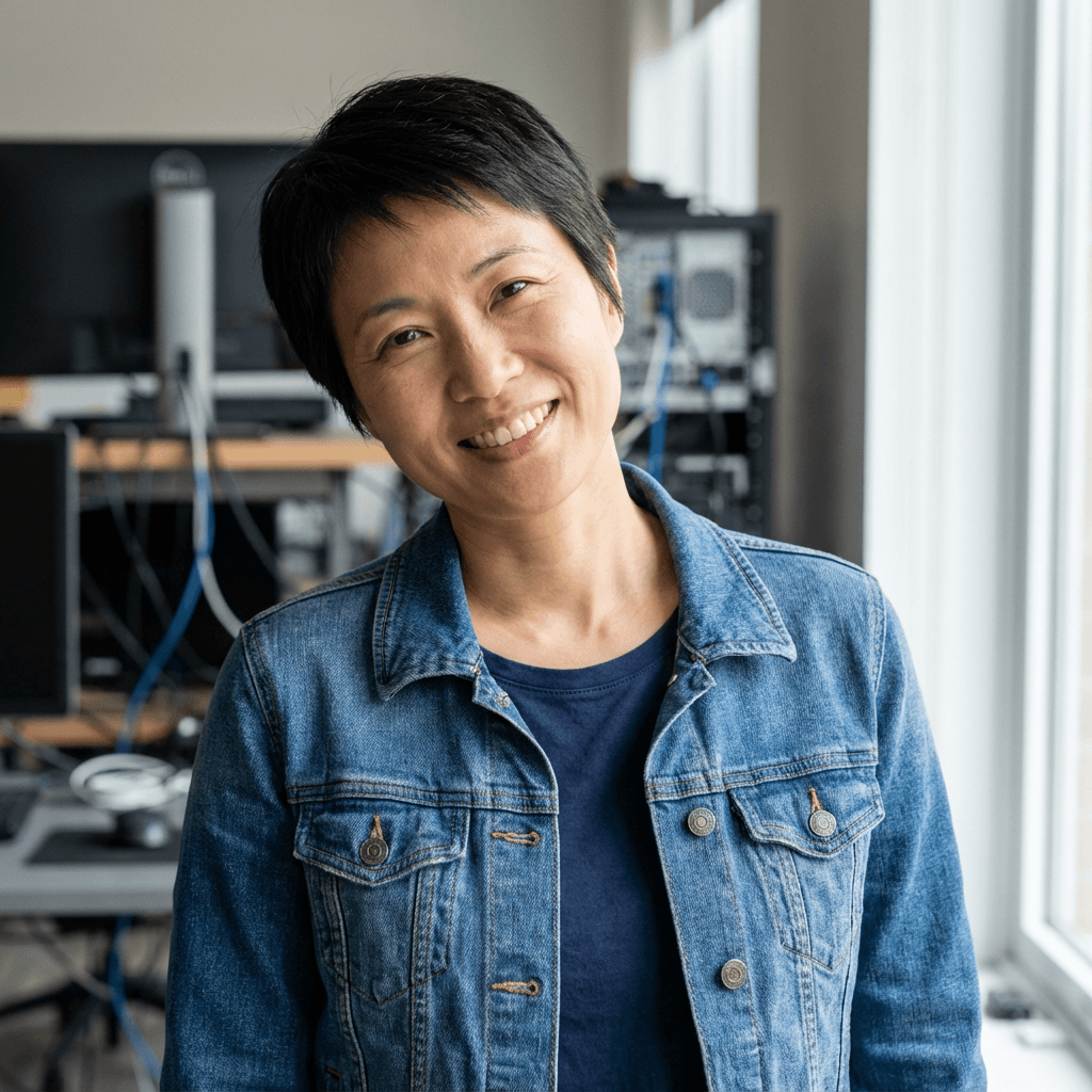 female remote worker in her early 30s East Asian drinking coffee at a desk with natural light
