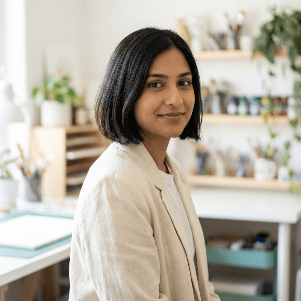 Maya Patel in a cozy home office setting