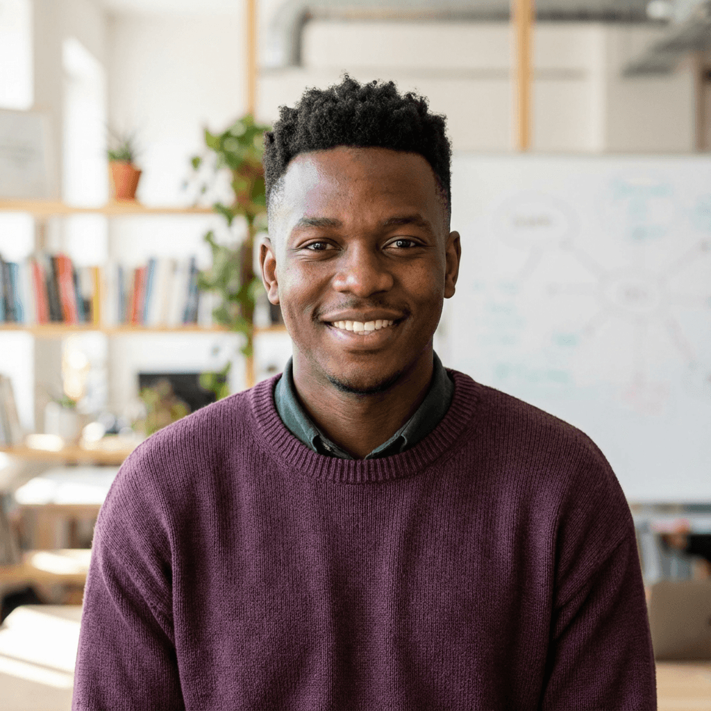 male coffee enthusiast in his late 30s Black smiling while holding a coffee cup in a bright kitchen