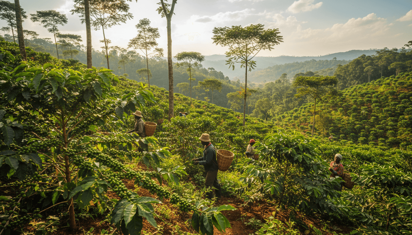 bright red coffee cherries growing on a lush green farm hillside in Uganda