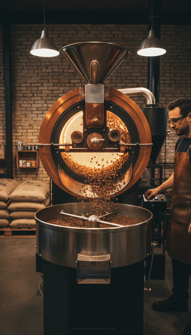 Small-batch coffee roasting drum with beans inside a Boston roastery