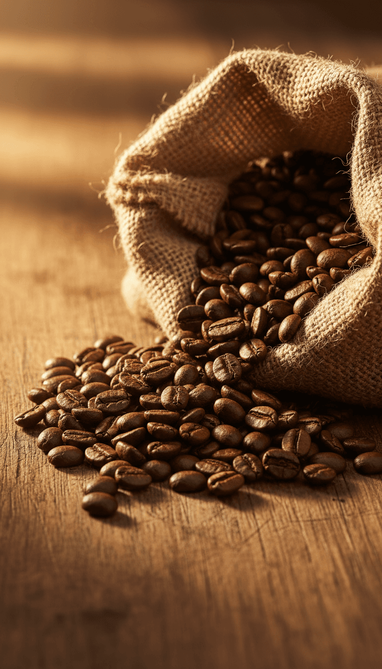Whole roasted Ugandan Arabica coffee beans in a burlap sack