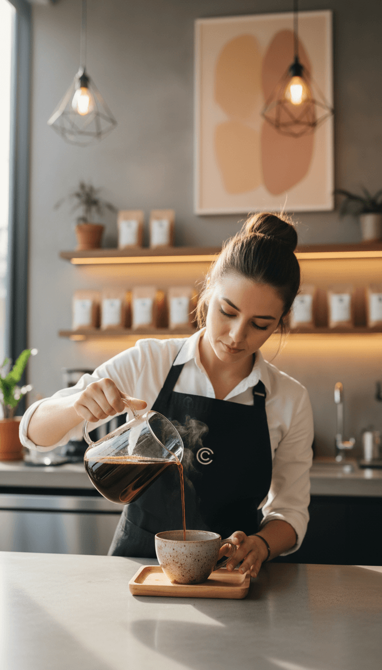 Freshly roasted dark roast coffee being poured into a cup
