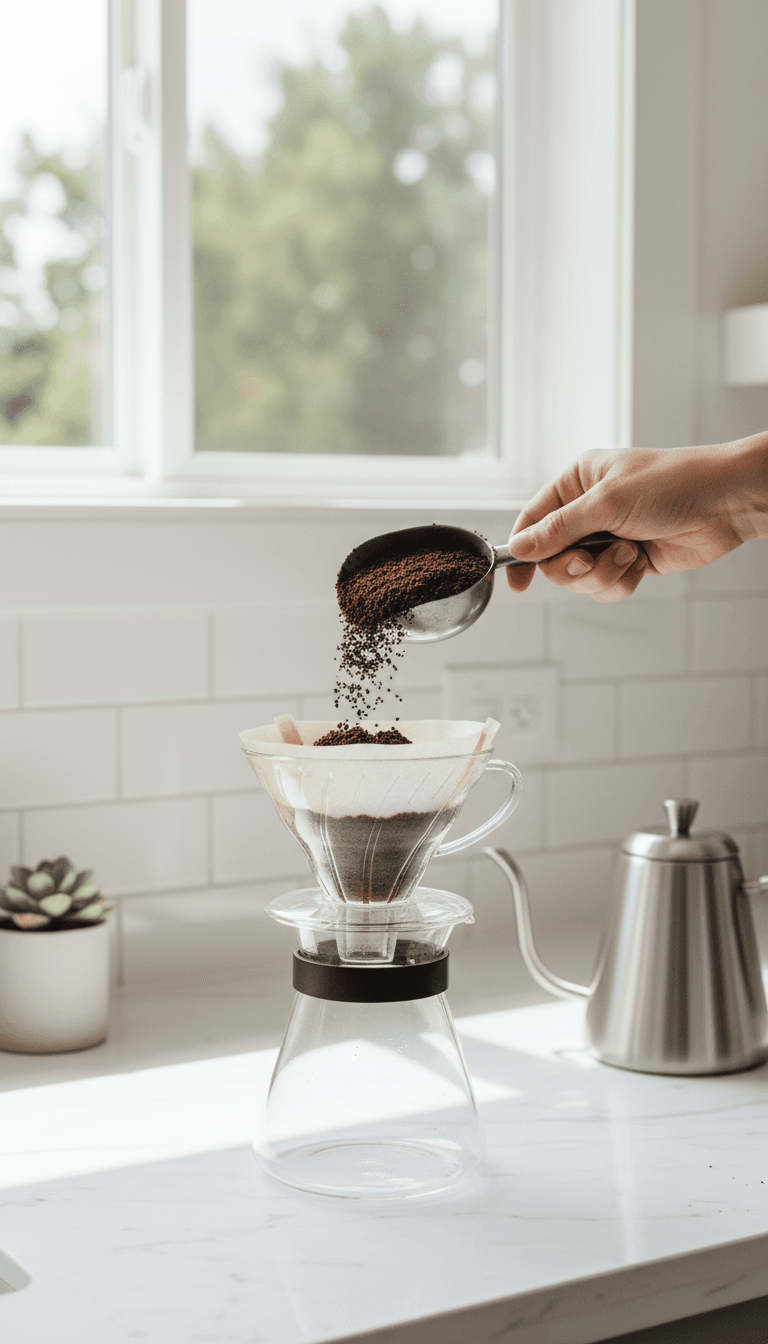 Hand scooping freshly roasted medium roast coffee grounds