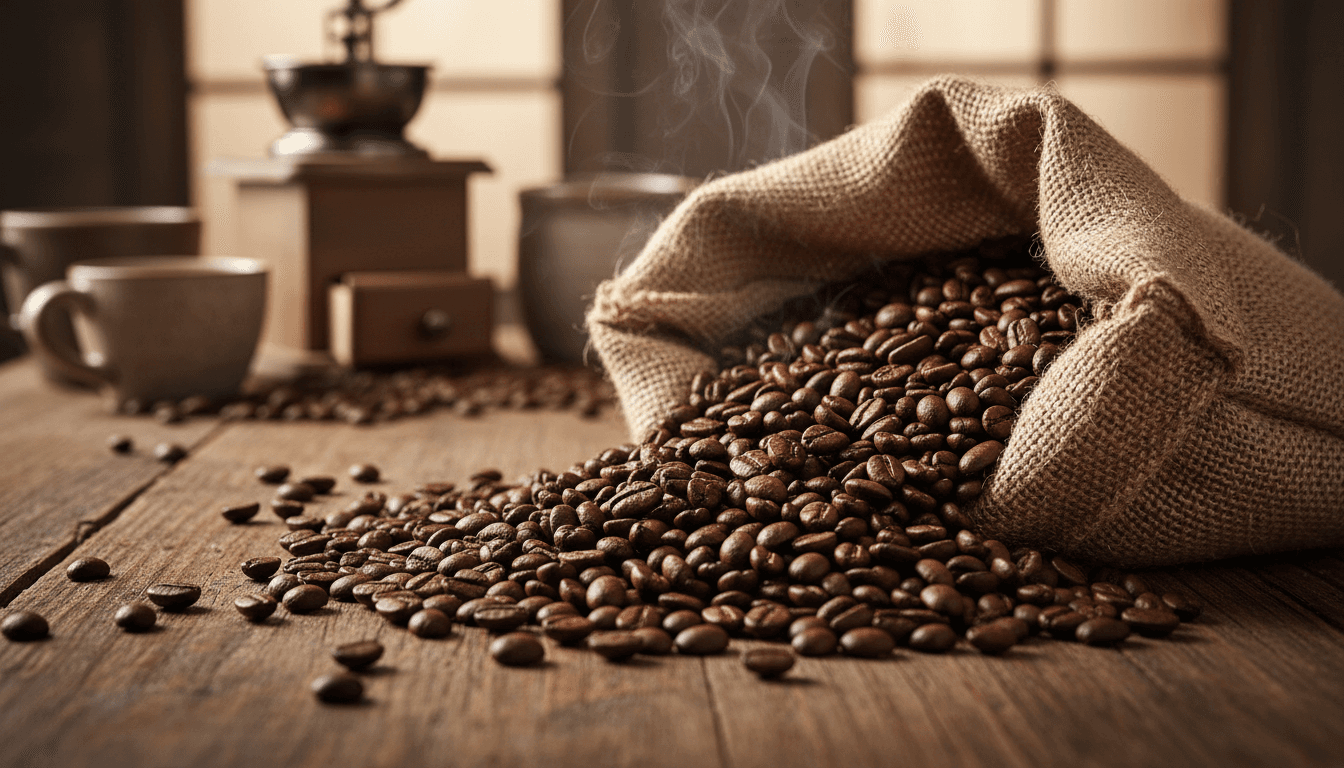 Freshly roasted coffee beans spilling from a burlap sack on a wooden table