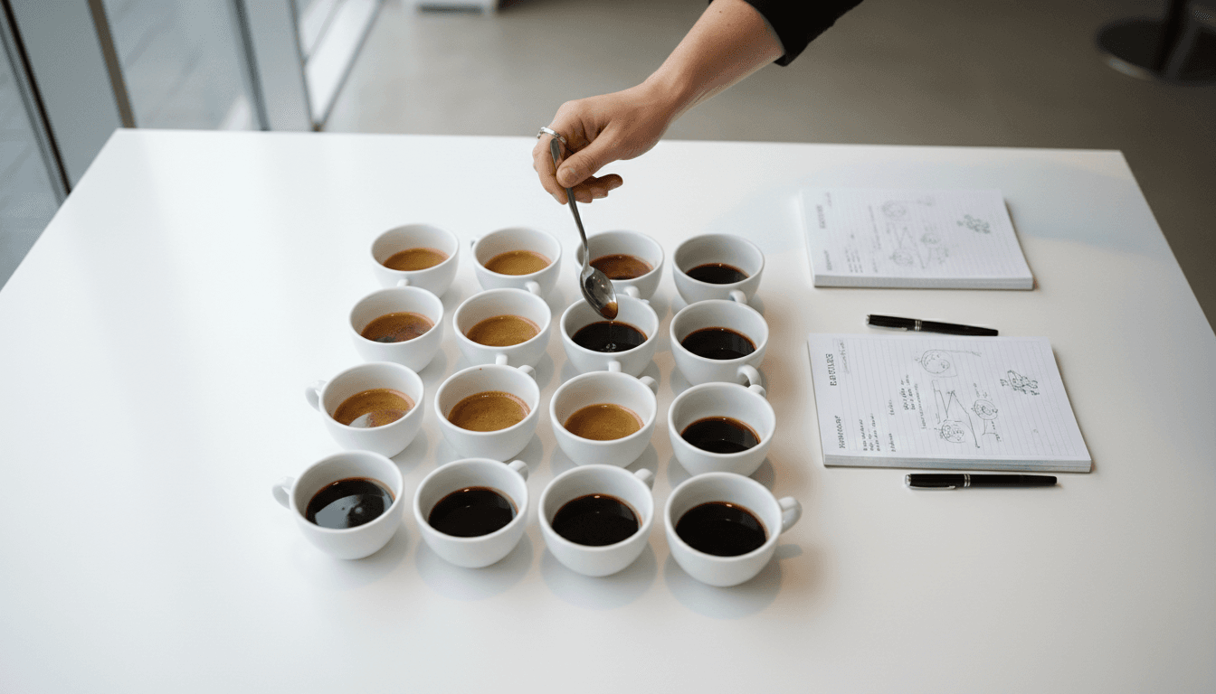 Coffee cupping session with multiple bowls