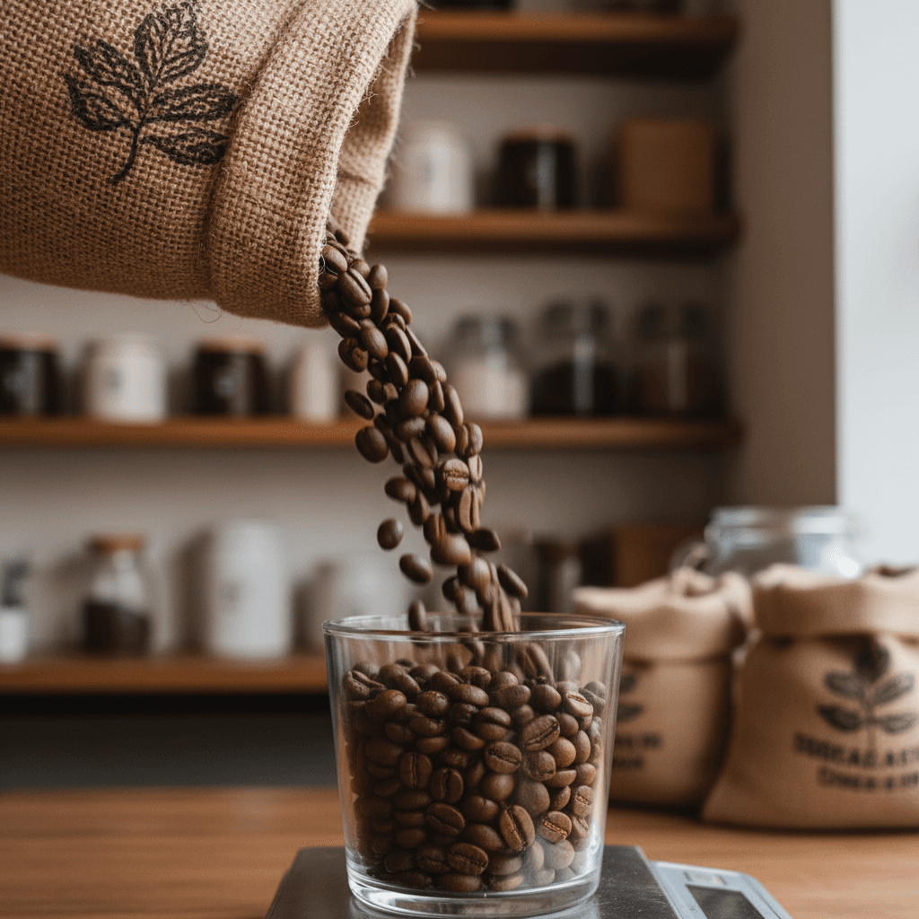 Freshly roasted coffee beans spilling from a burlap sack