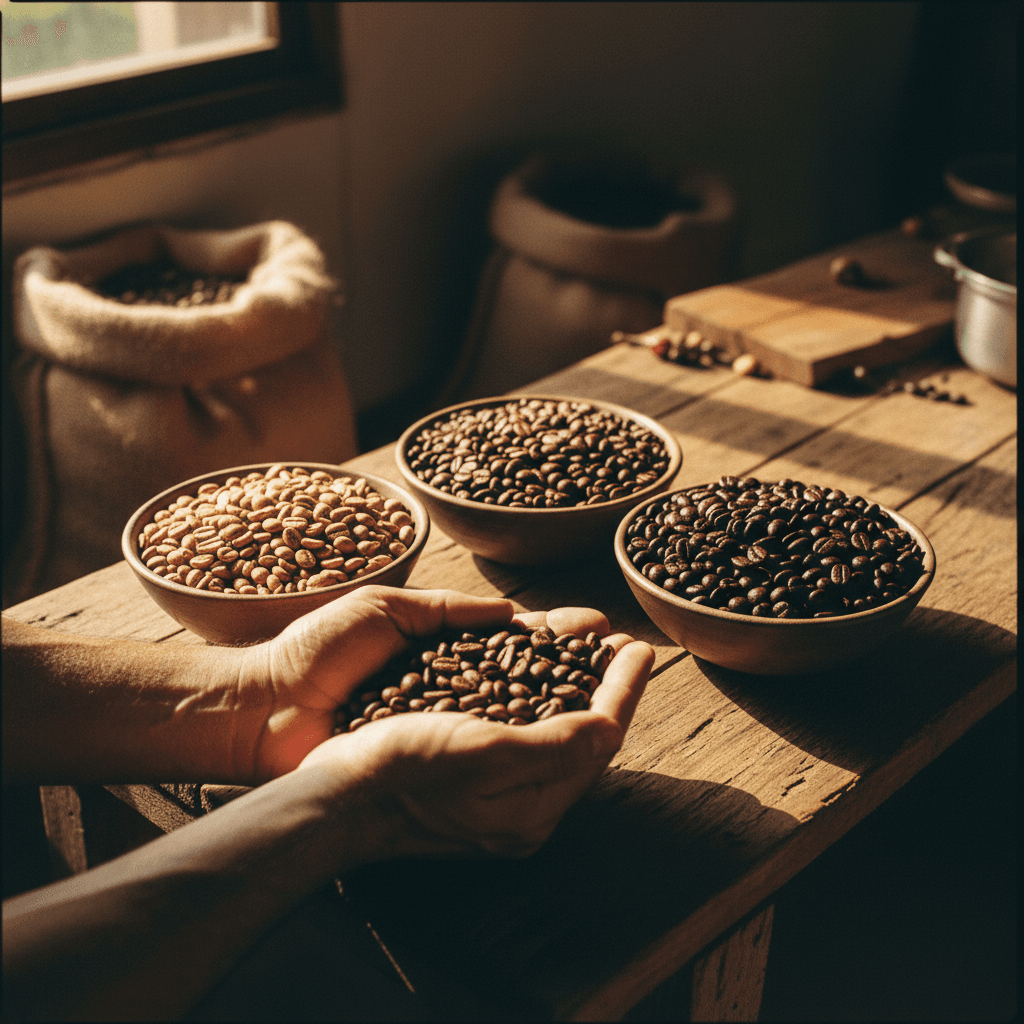 Freshly roasted coffee beans on a wooden surface in a warm roastery setting