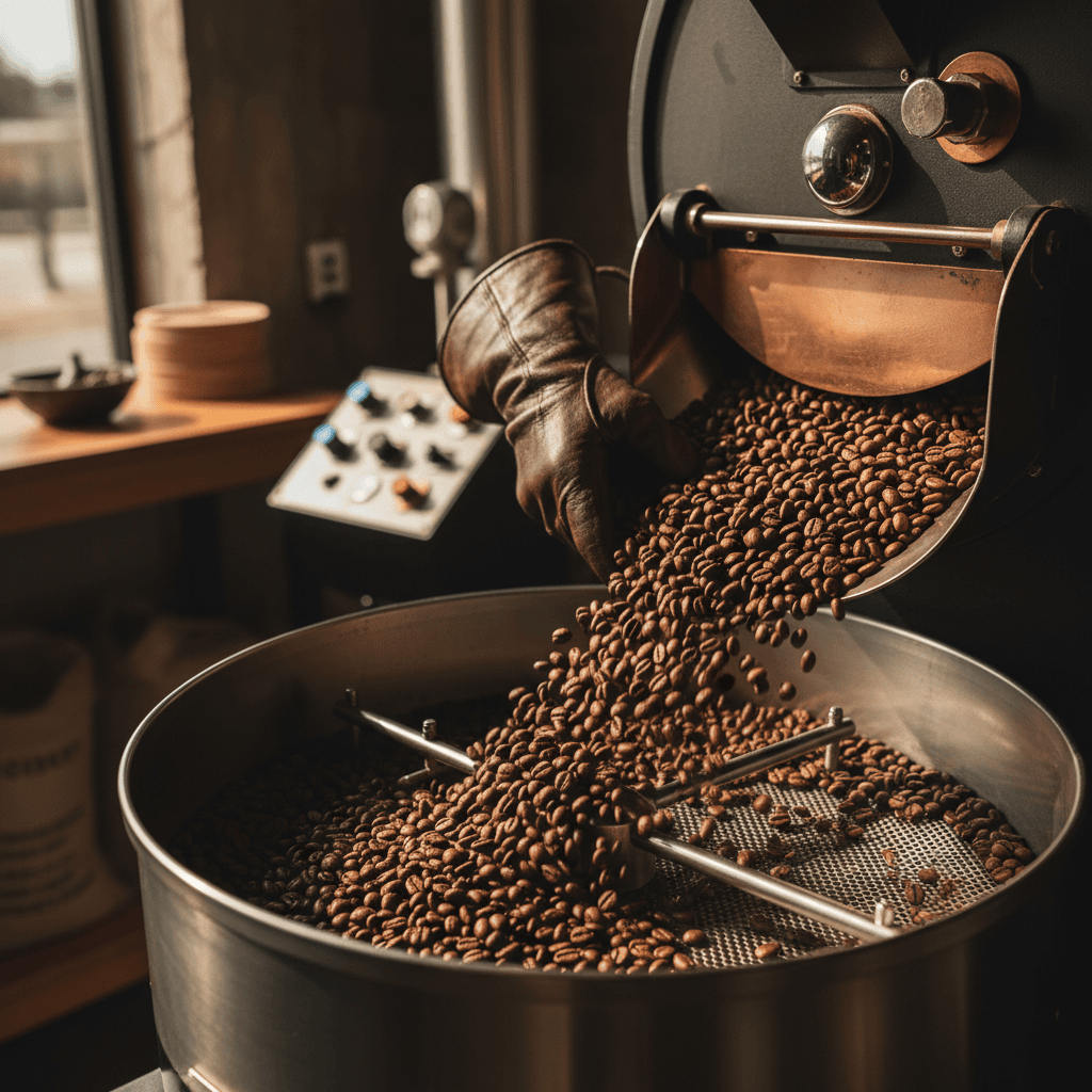Coffee beans inside a roasting drum