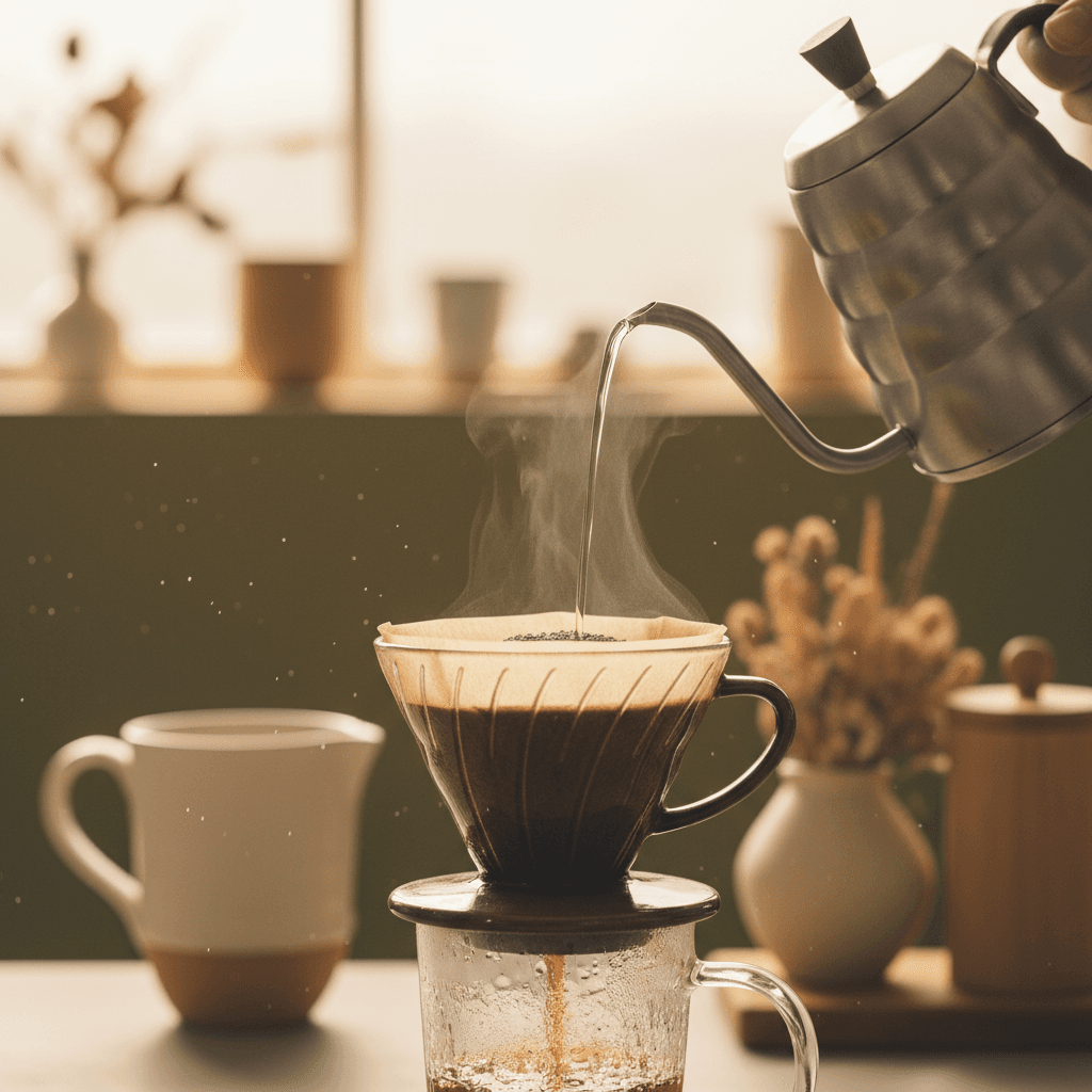 barista pouring hot water over coffee grounds in a pour over dripper