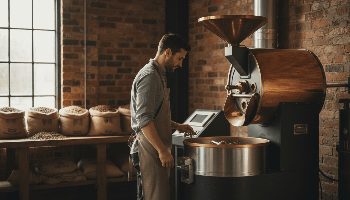 Freshly roasted coffee beans spilling from a burlap sack on a wooden counter in a warm cafe setting