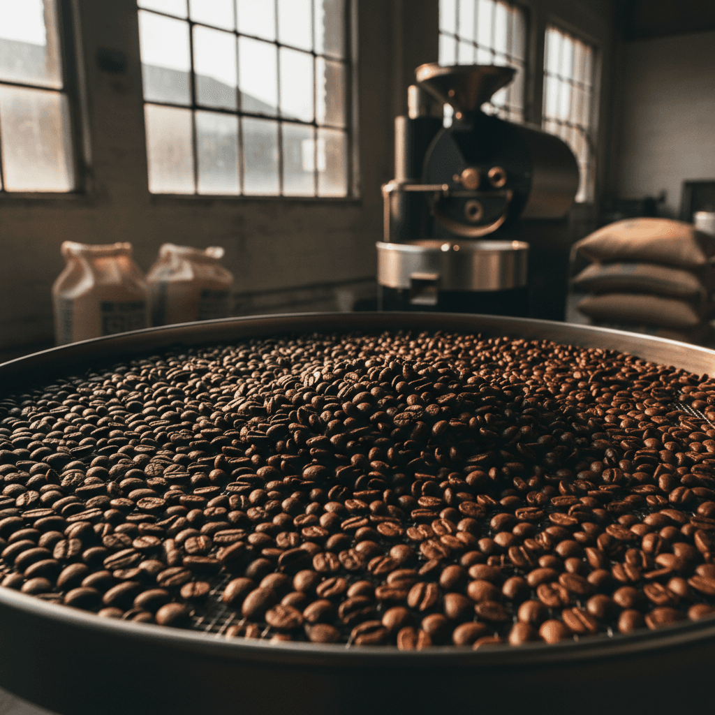 A hand sifting through freshly roasted coffee beans in a burlap sack at a small roastery