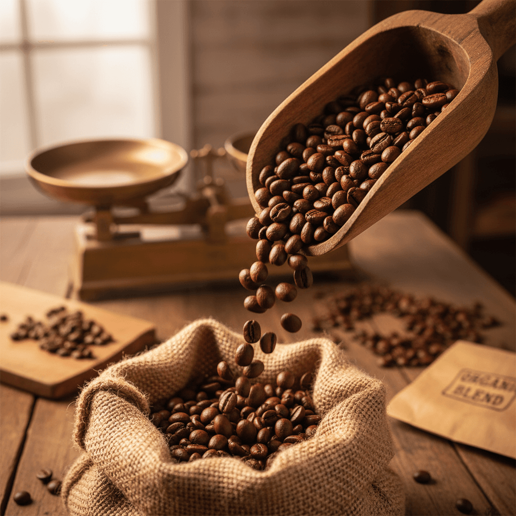 Fresh roasted coffee beans in a burlap sack on a wooden table