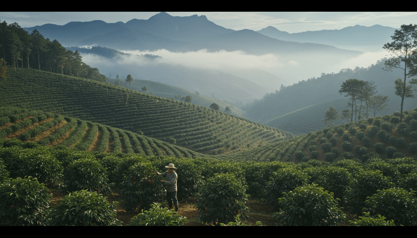 Green coffee farm on rolling hills in Uganda under clear sky
