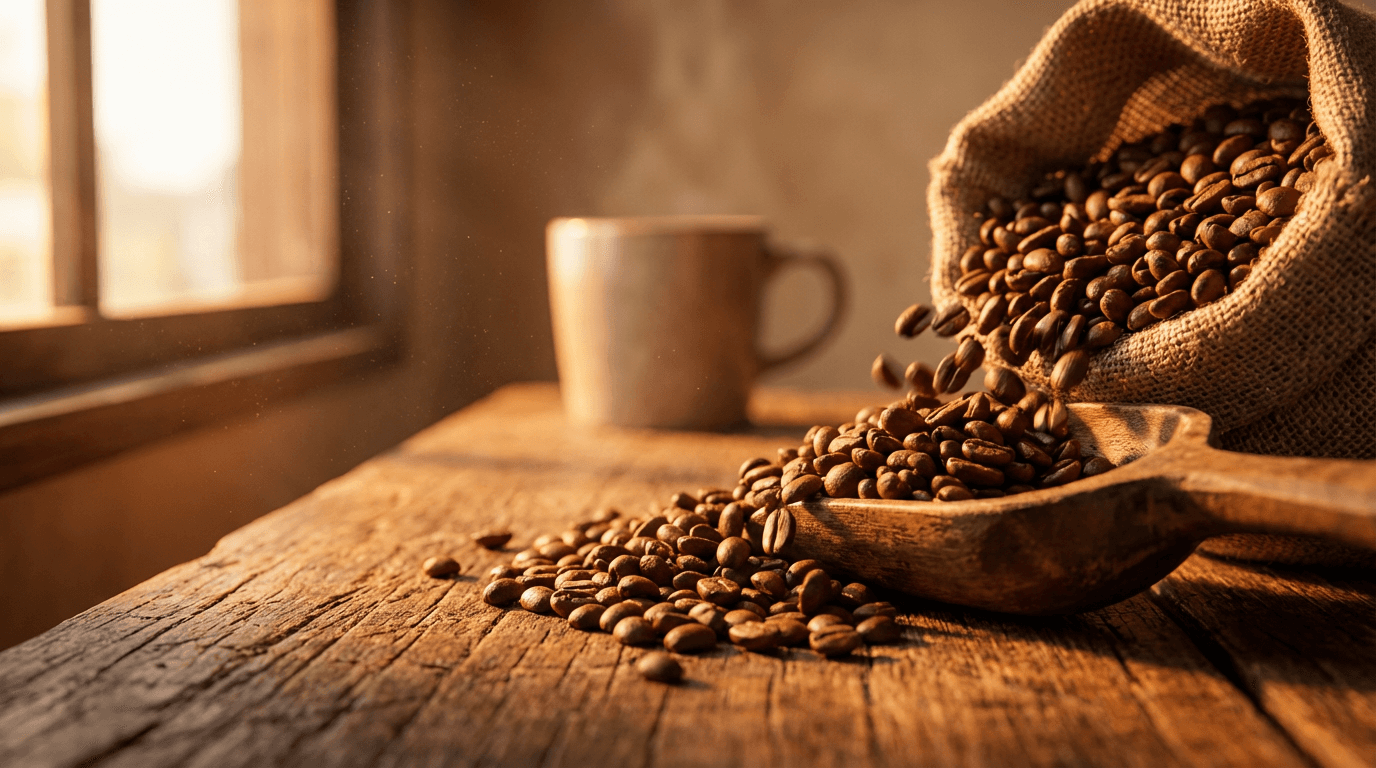 Bag of coffee beans on a wooden counter with scoop