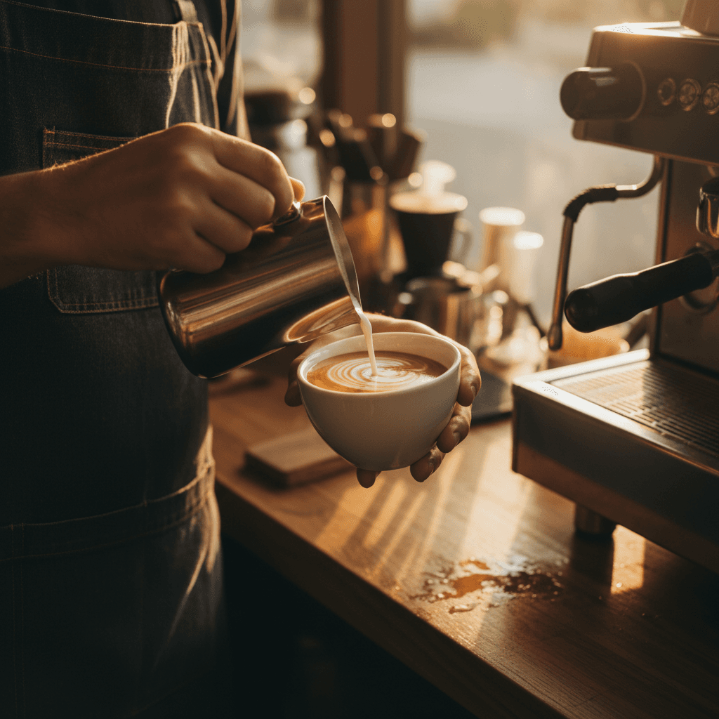 Barista pouring latte art into a coffee cup in a modern cafe setting