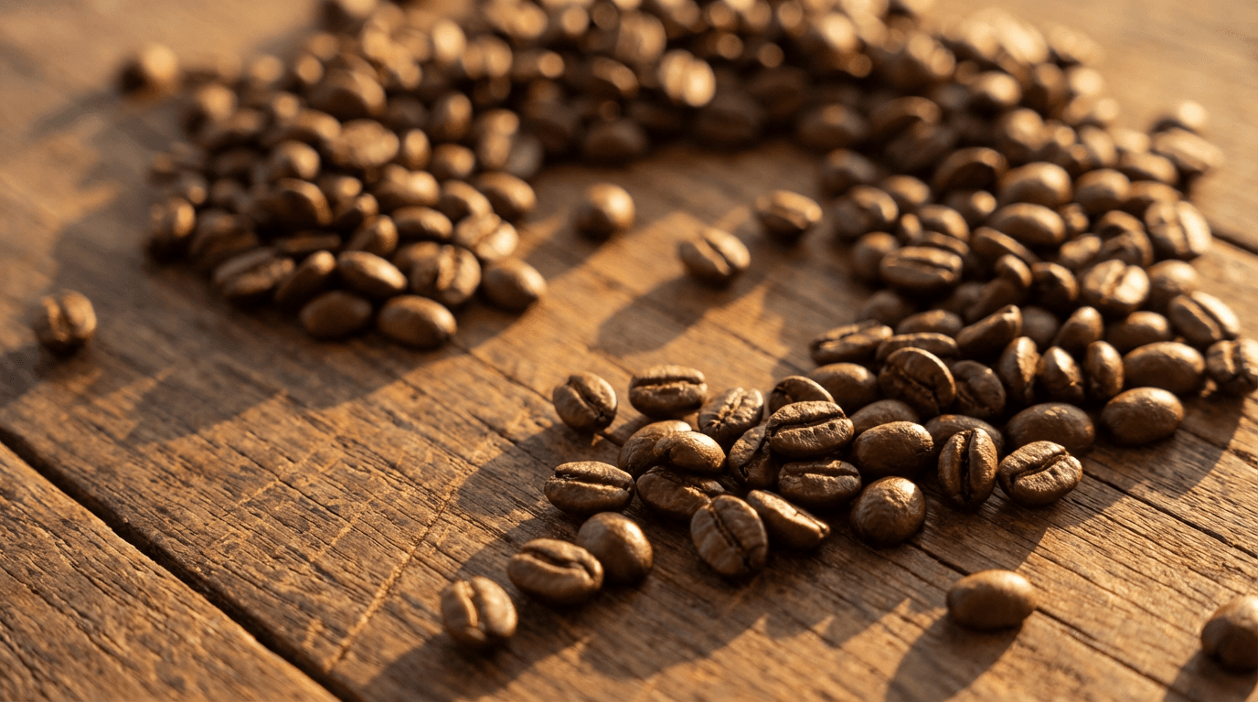 Roasted Arabica coffee beans on dark wood