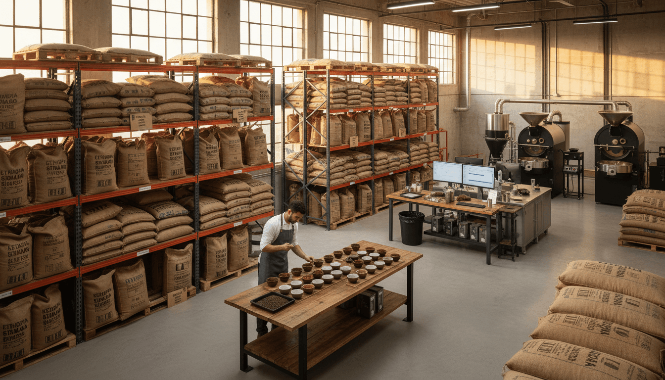 Burlap coffee bags filled with green beans in a rustic warehouse
