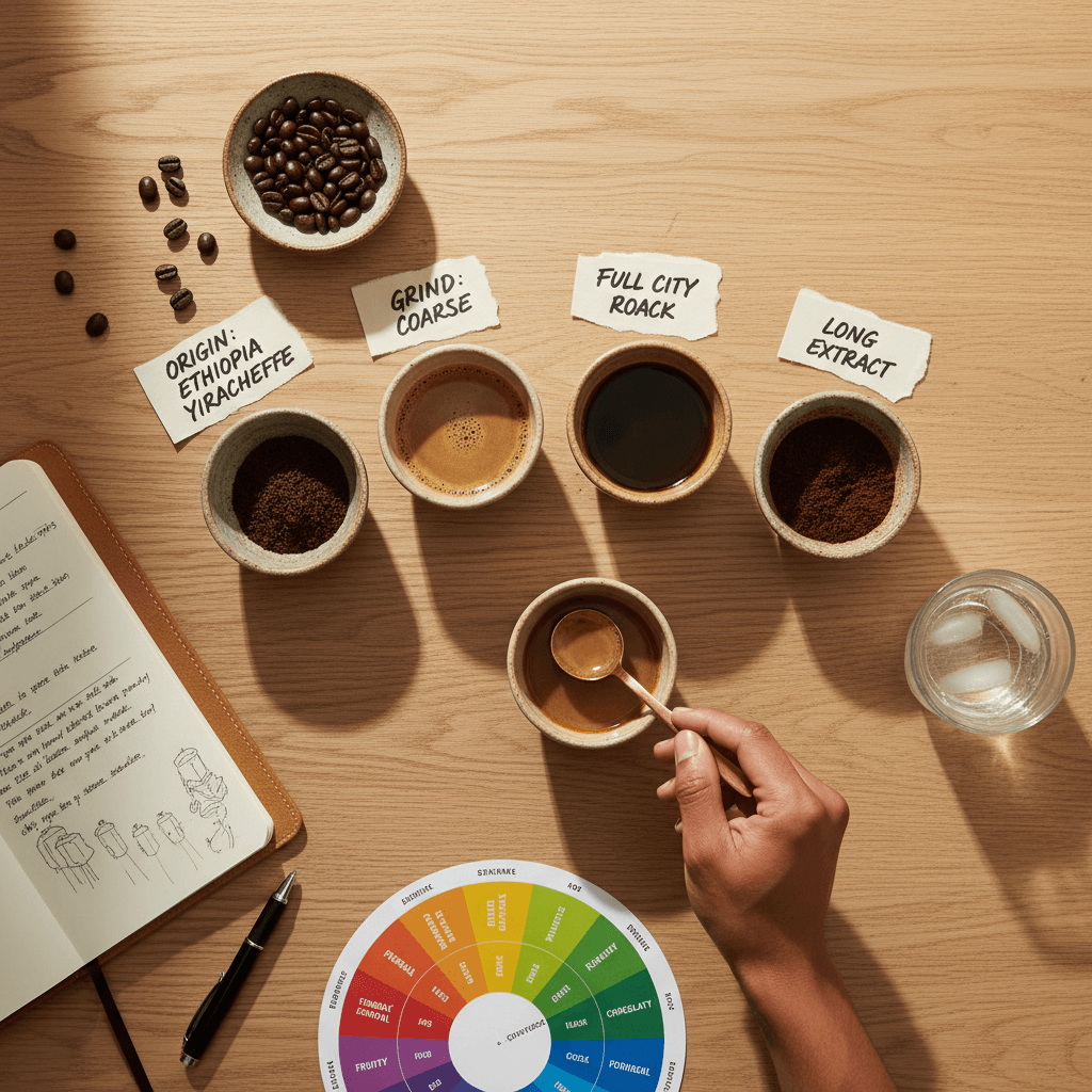 Coffee cupping setup with sample bowls and tasting spoons on a wooden table