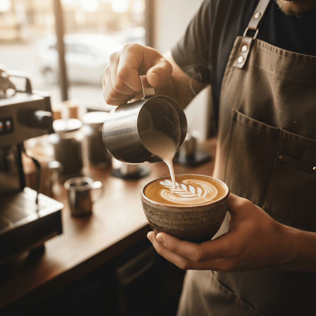 Barista pouring a latte into a ceramic cup